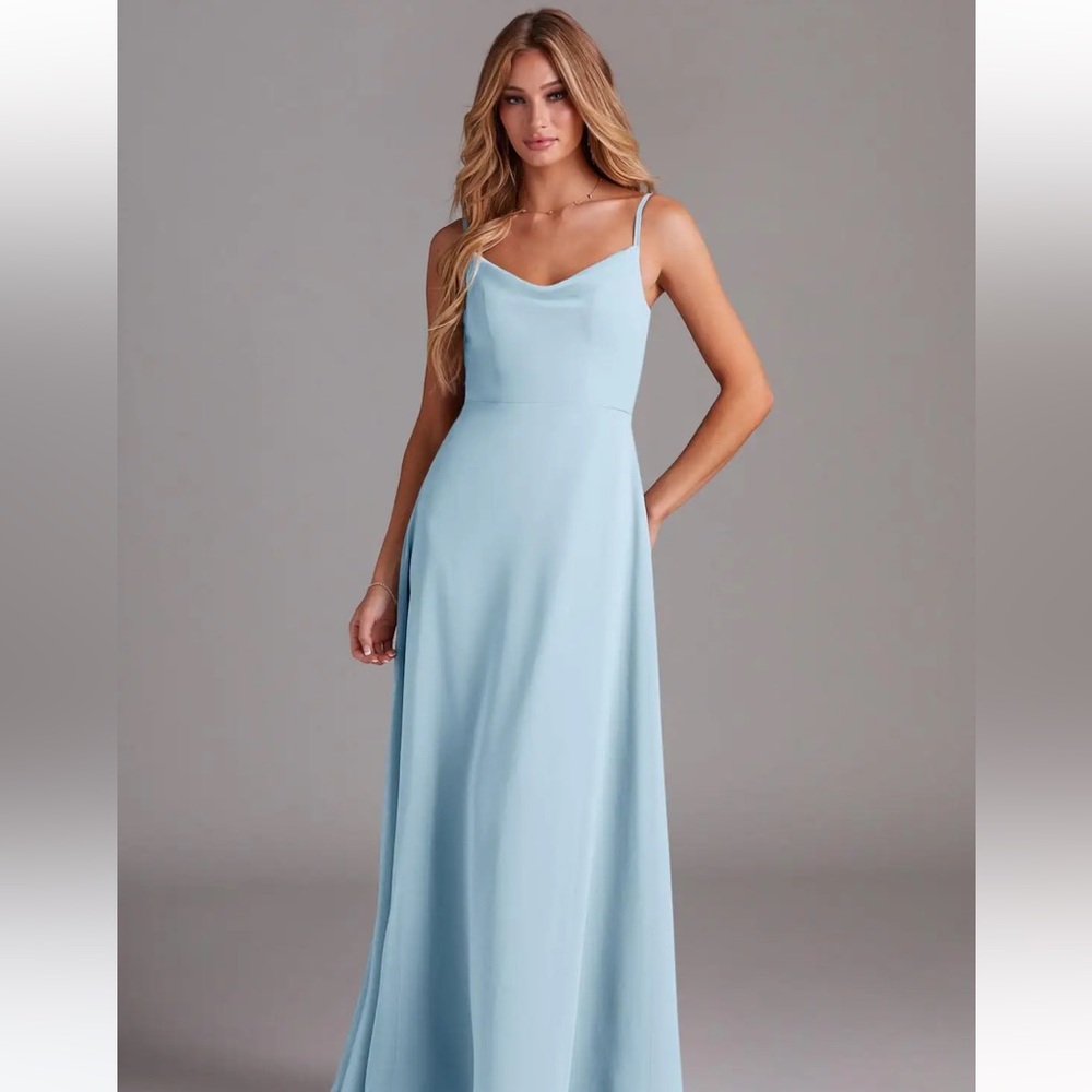 Baby blue maxi dress with spaghetti straps, V-neckline, and back zipper